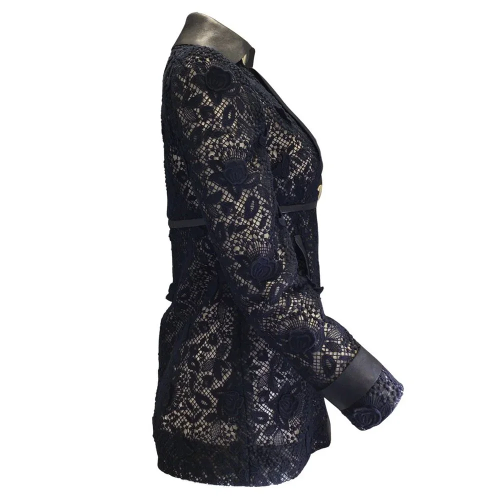 VALENTINO NAVY BLUE DOUBLE BREASTED LACE AND LEATHER JACKET - Picture 2 of 4